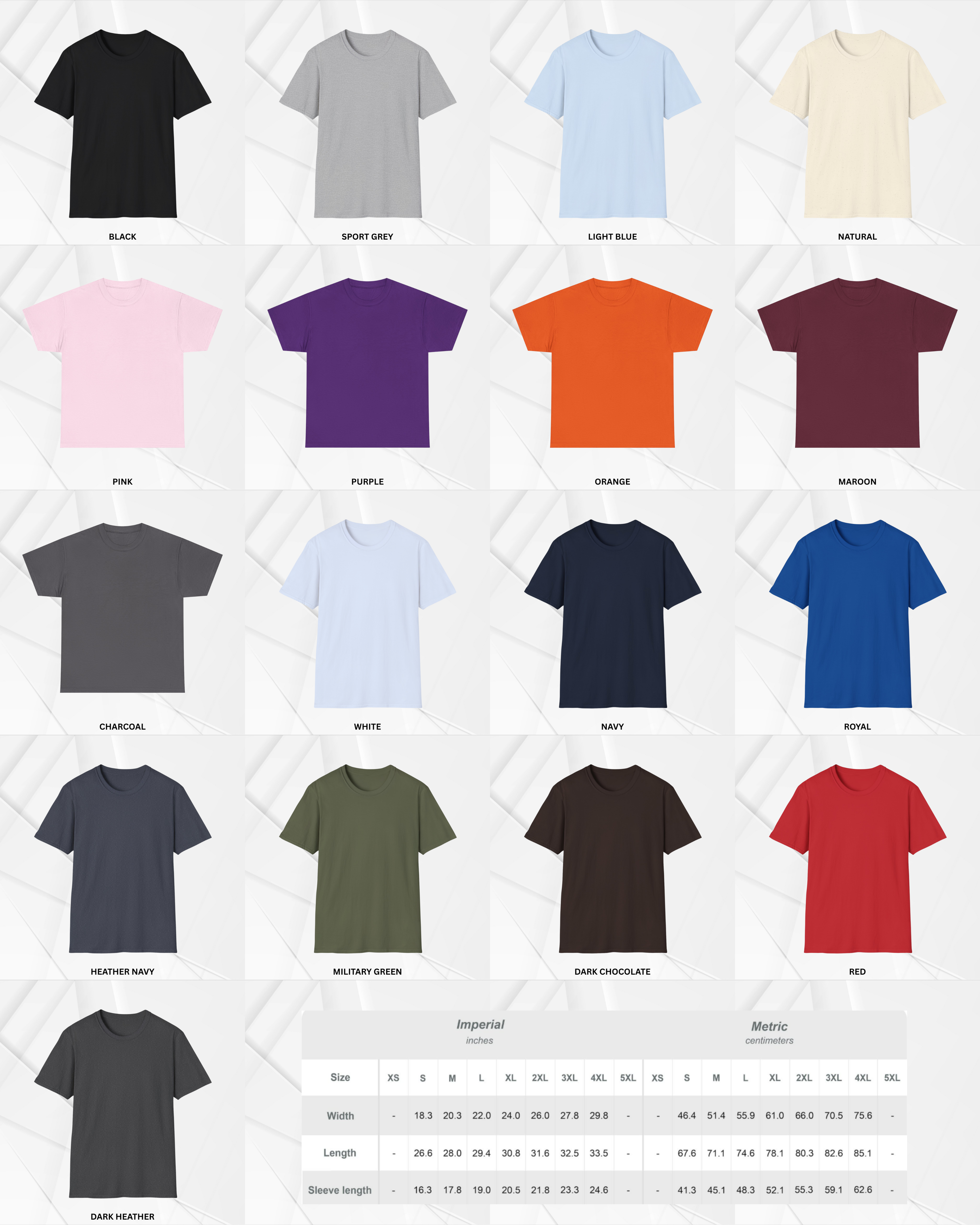 Color options preview and size chart guide showing available colors and sizing details to help choose the best fit for this unisex apparel.
