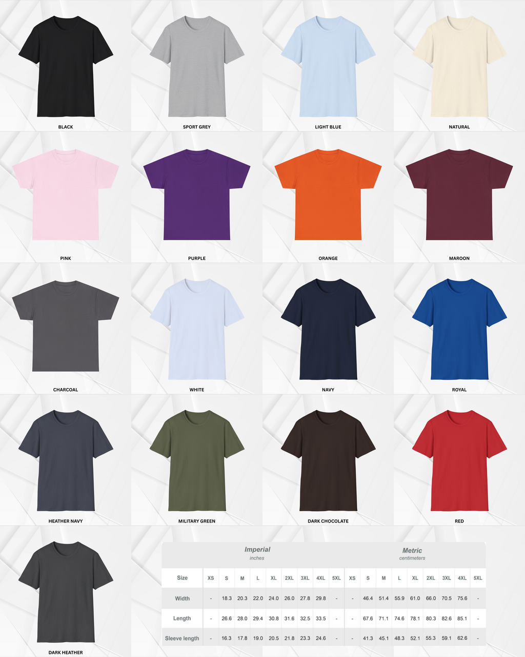 Color options preview and size chart guide showing available colors and sizing details to help choose the best fit for this unisex apparel.