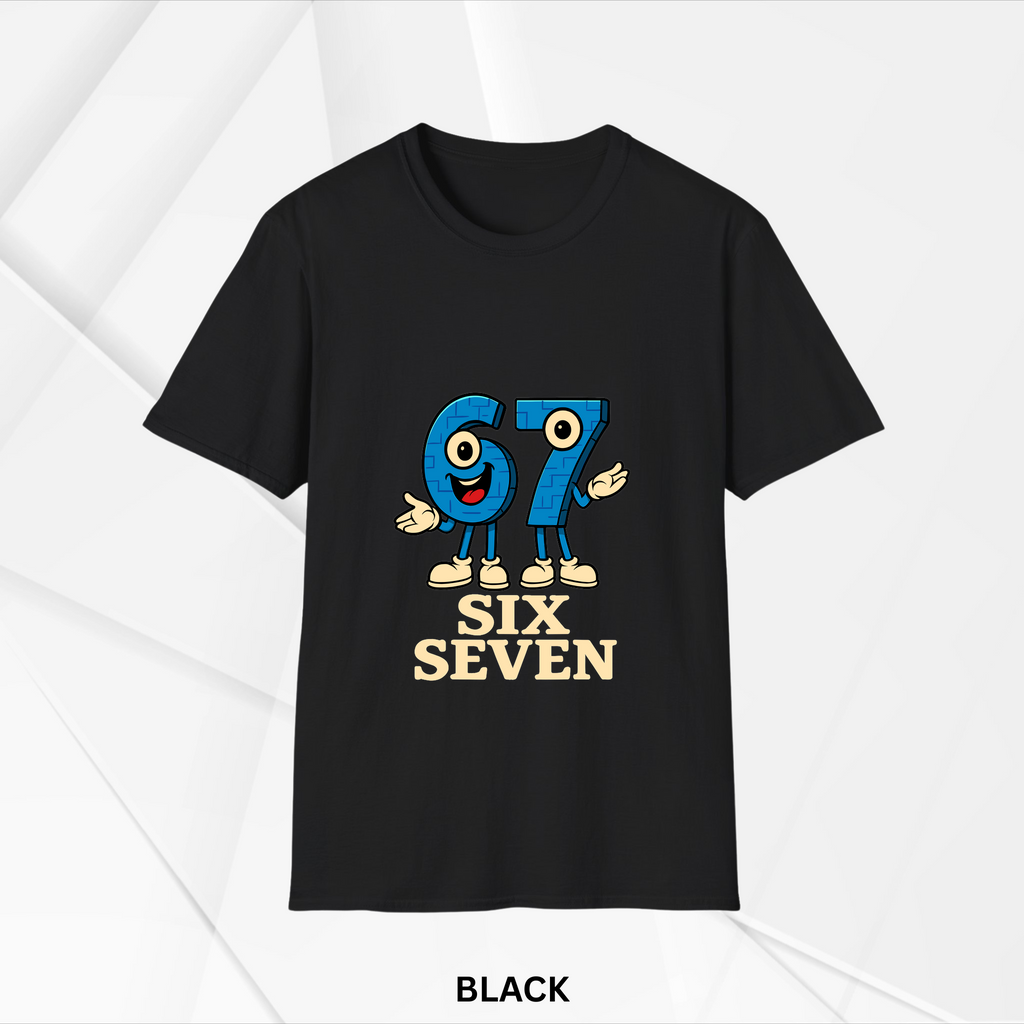Black short sleeve t-shirt featuring a playful cartoon design of the numbers six and seven with eyes, hands, and shoes, standing side by side with text 'SIX SEVEN' below