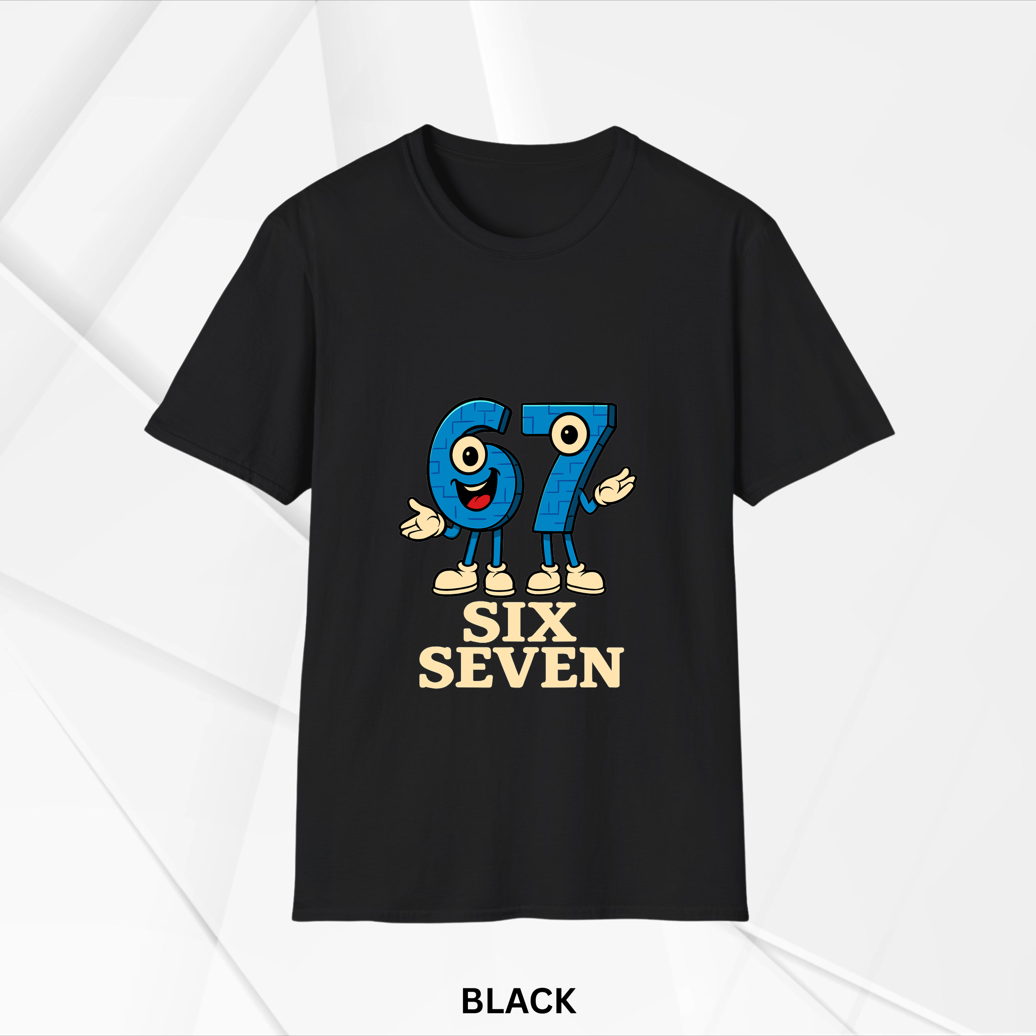 Black short sleeve t-shirt featuring a playful cartoon design of the numbers six and seven with eyes, hands, and shoes, standing side by side with text 'SIX SEVEN' below