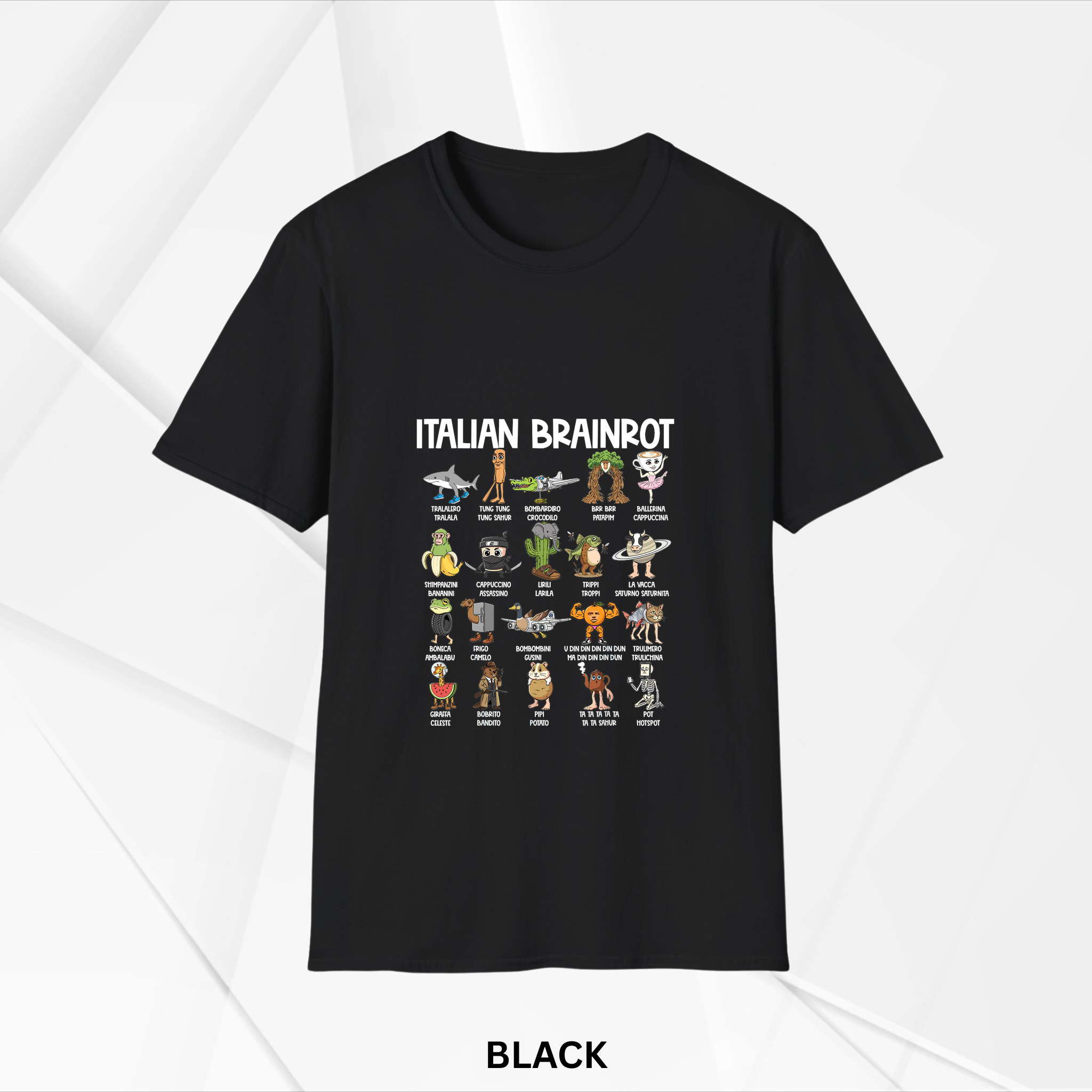 Black crew neck t-shirt featuring a colorful and humorous Italian Brainrot design with various quirky cartoon characters and text arranged in a grid layout
