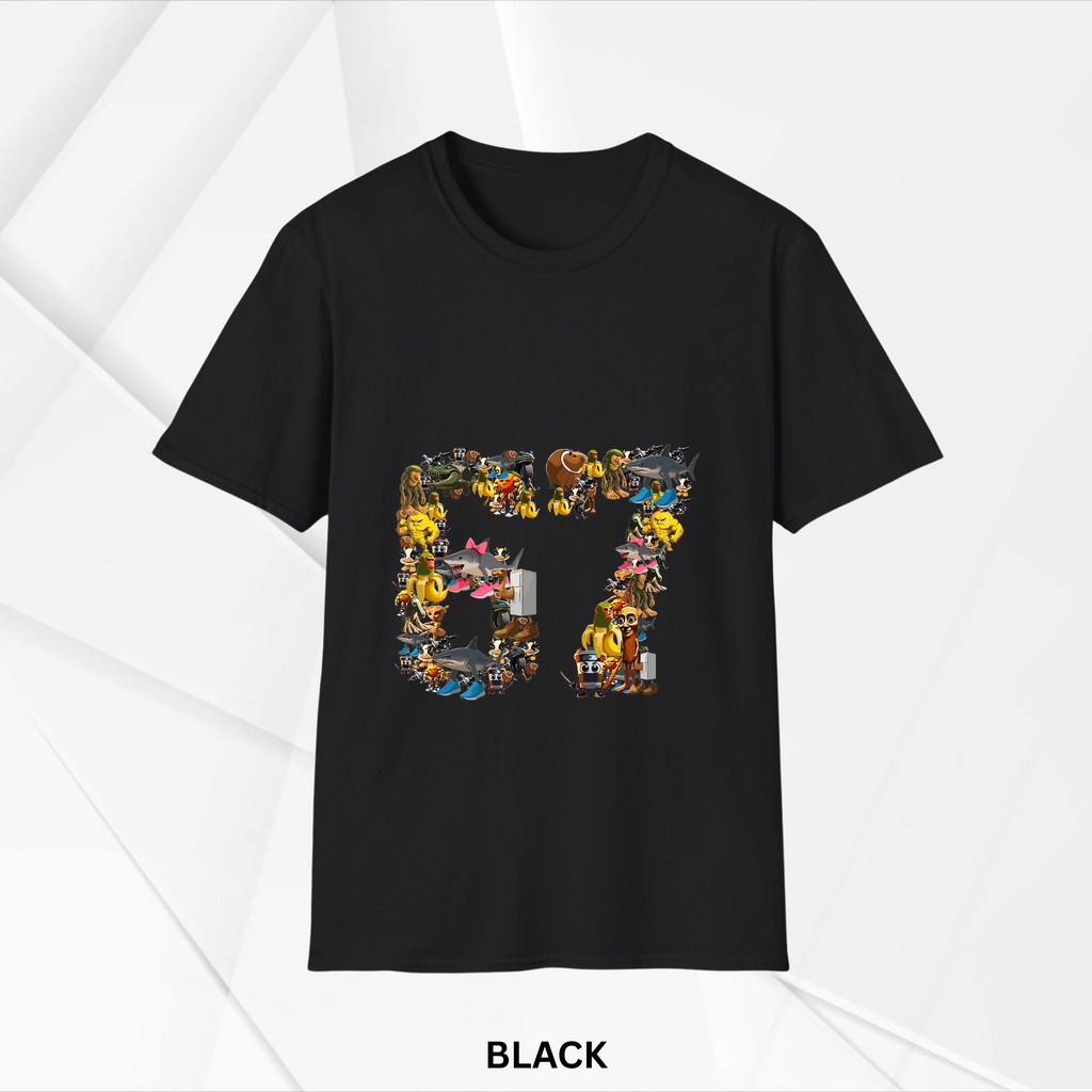 Black short-sleeve t-shirt featuring a colorful collage of various cartoon characters forming the number 87 on the front center