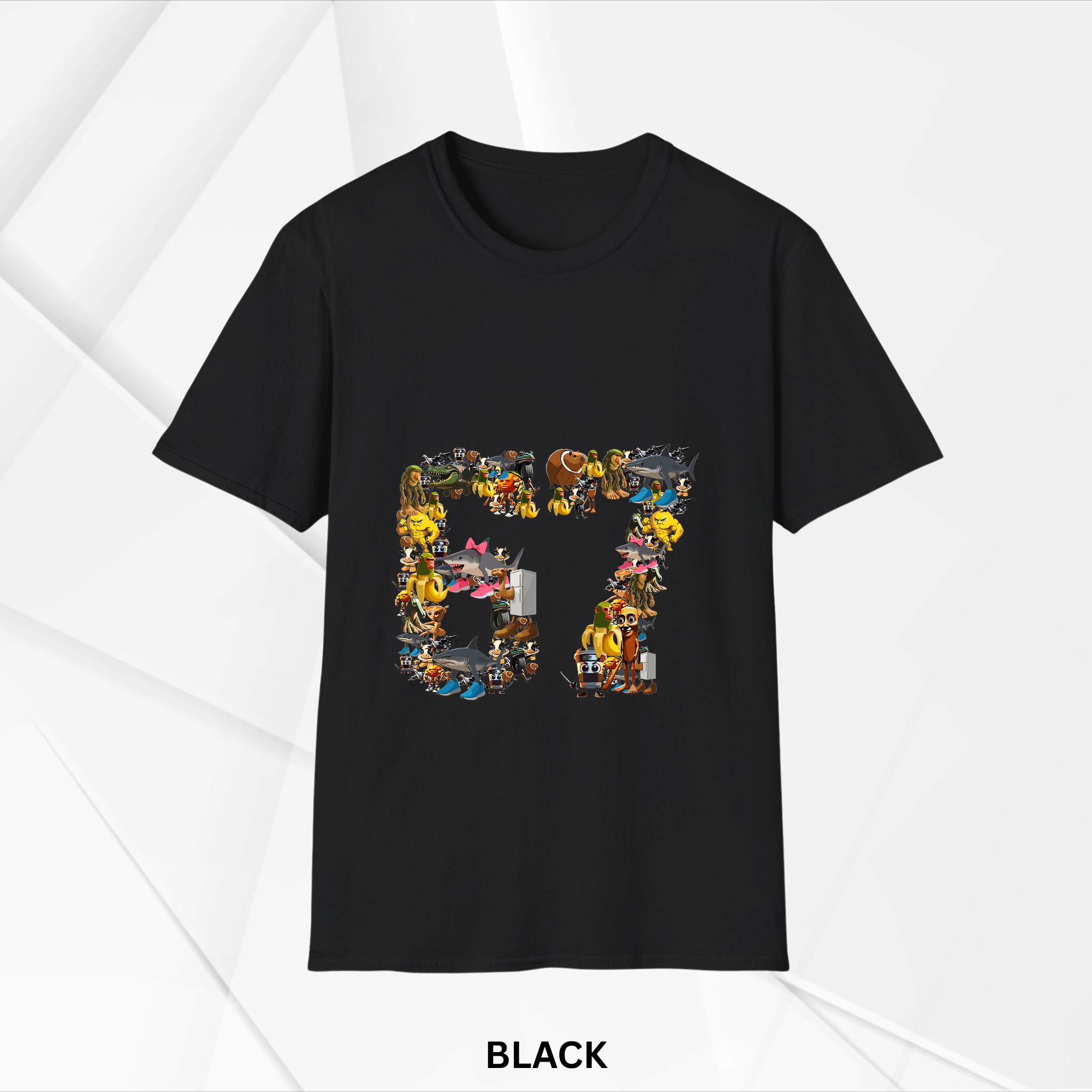 Black short-sleeve t-shirt featuring a colorful collage of various cartoon characters forming the number 87 on the front center