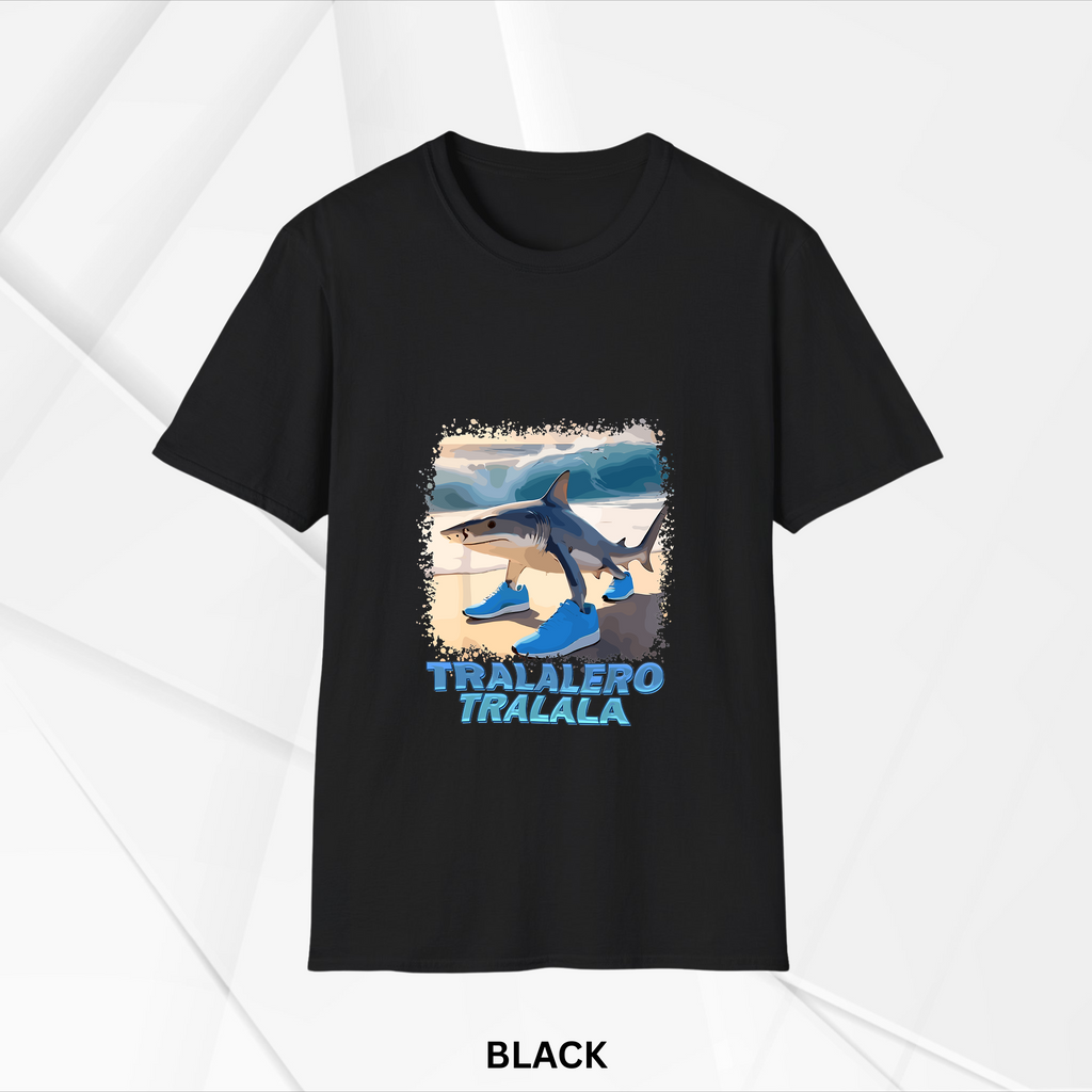 Black t-shirt featuring a colorful graphic of a shark wearing bright blue sneakers with the text 'TRALALERO TRALALA' underneath on a beach background