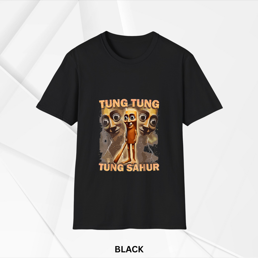 Black crew neck t-shirt featuring a quirky cartoon character with large eyes and the text 'TUNG TUNG TUNG SAHUR' in bold orange letters on front