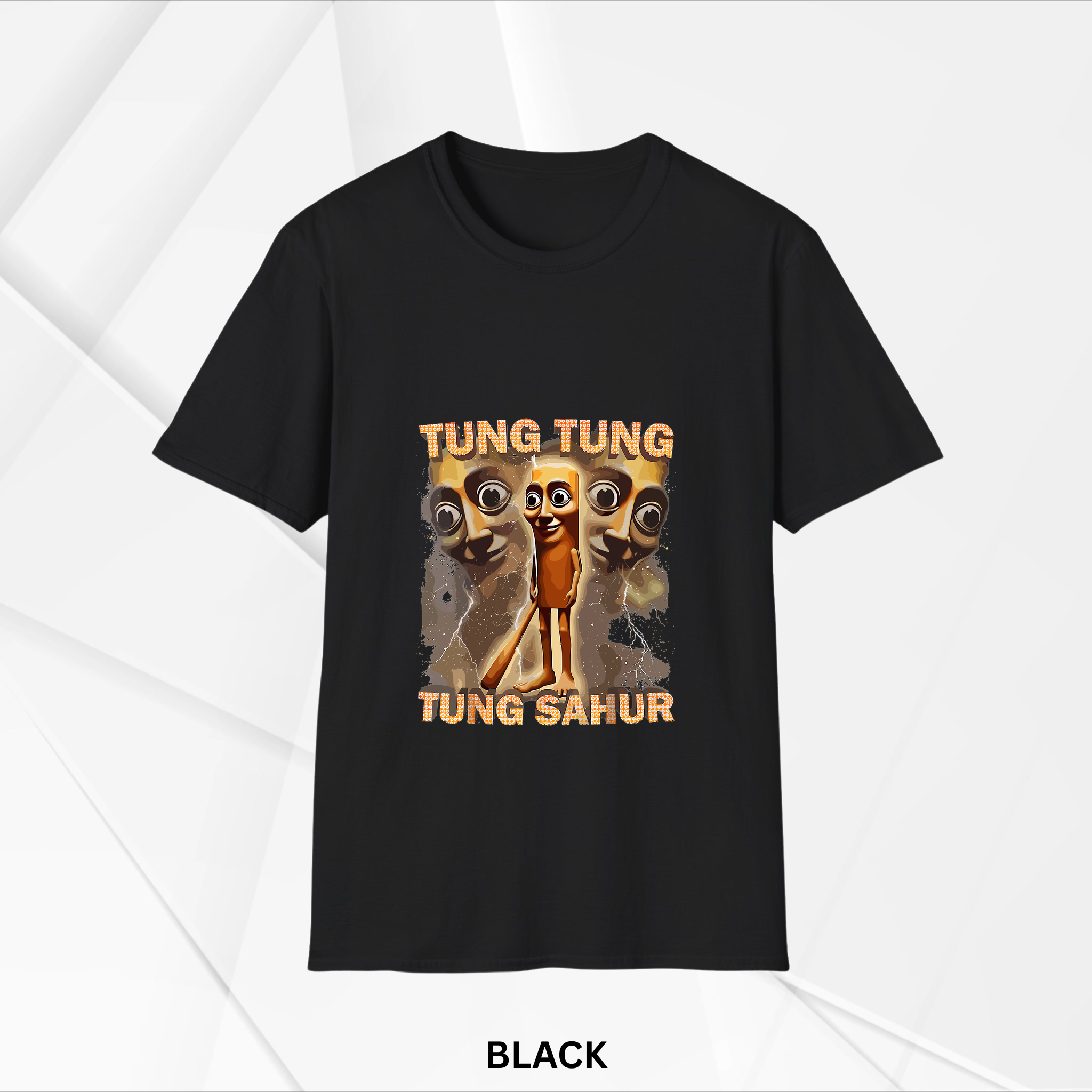 Black crew neck t-shirt featuring a quirky cartoon character with large eyes and the text 'TUNG TUNG TUNG SAHUR' in bold orange letters on front