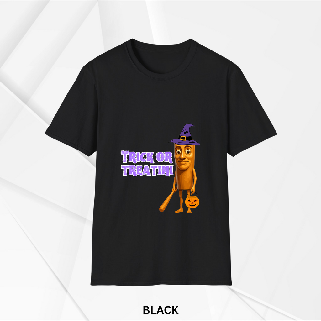 Black short sleeve t-shirt featuring a colorful Halloween cartoon character wearing a purple witch hat, holding a baseball bat and pumpkin bucket, with text saying Trick or Treating