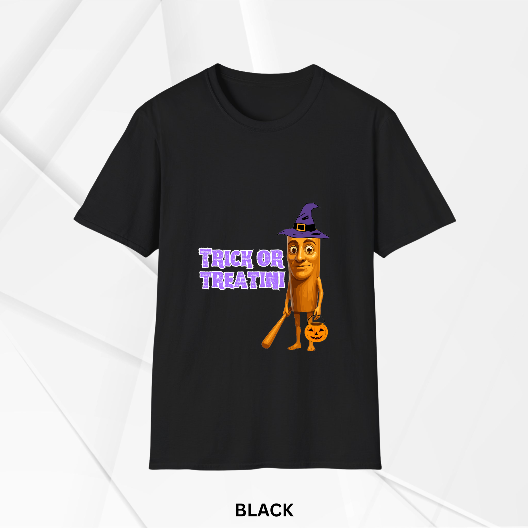 Black short sleeve t-shirt featuring a colorful Halloween cartoon character wearing a purple witch hat, holding a baseball bat and pumpkin bucket, with text saying Trick or Treating
