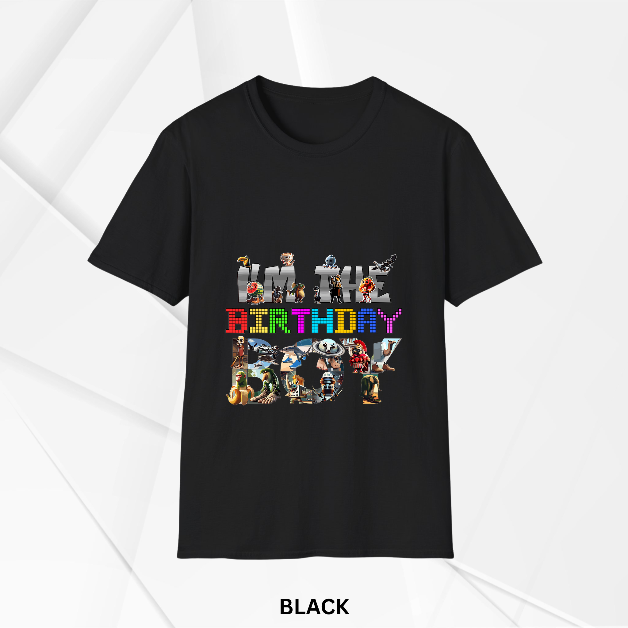Black kids T-shirt featuring colorful and playful text design with characters spelling out 'I'm The Birthday Boy' perfect for birthday celebrations